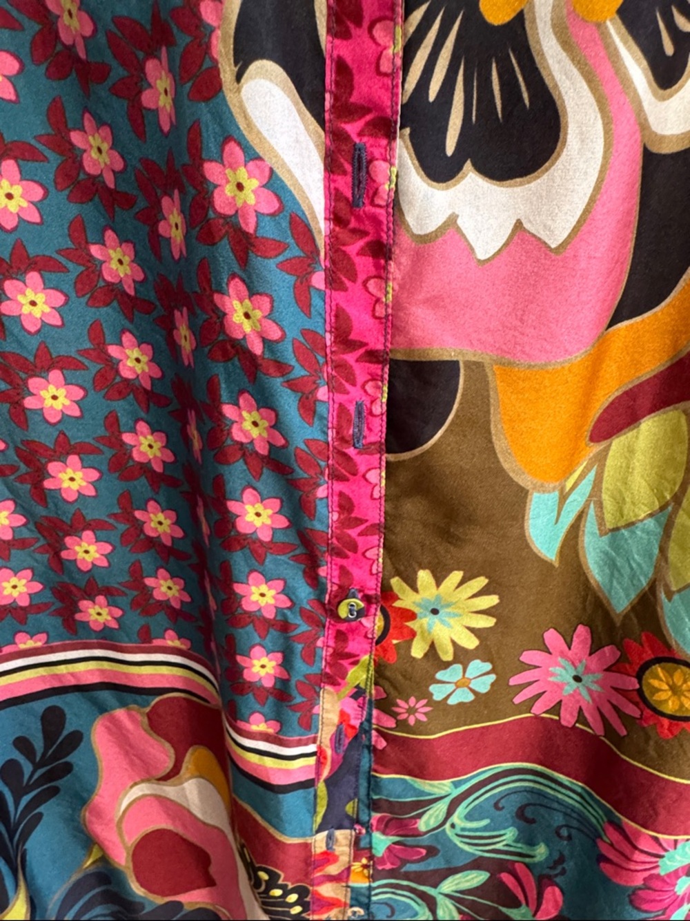 Johnny Was Silk Multicolor Floral Patchwork Blouse with Navy Base - Picture 3 of 7